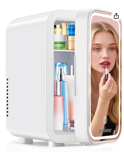 Enventor Mini Skincare Fridge Small Refrigerator for Bedroom, Beauty Fridge for Makeup with Dimmable LED Mirror, 6 L / 8 Cans Compact Portable Cooler for College Dorm, Office, Car, White